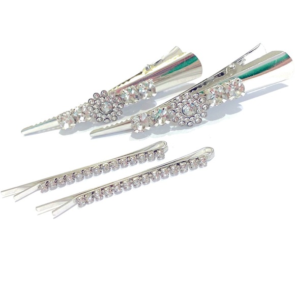 Updo Hair Clips Bobby Pins 4 Piece Set Silver Tone Rhinestones - Picture 1 of 7